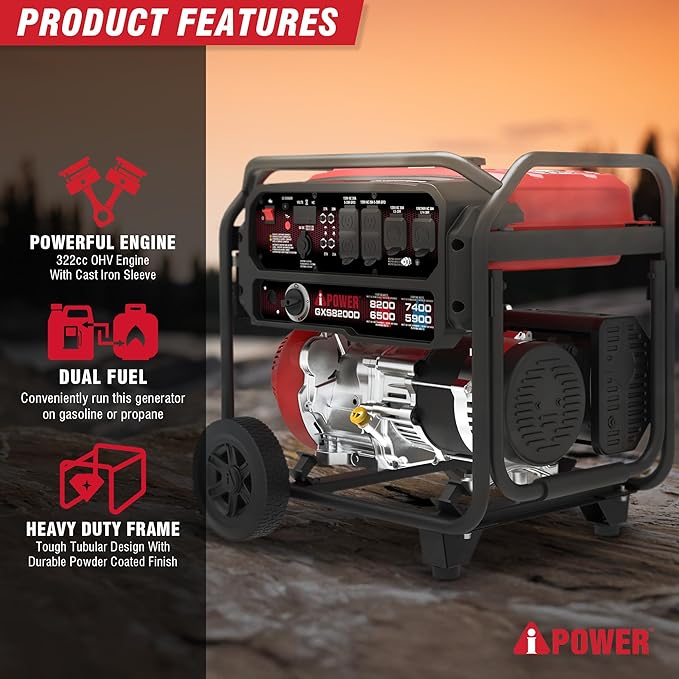 A-iPower 8200W Portable Generator Dual Fuel Gas and Propane Powered Power Supplies with 322cc OHV Engine CO Sensor Heavy Duty Generators For Jobsite RV Whole House Backup Emergency