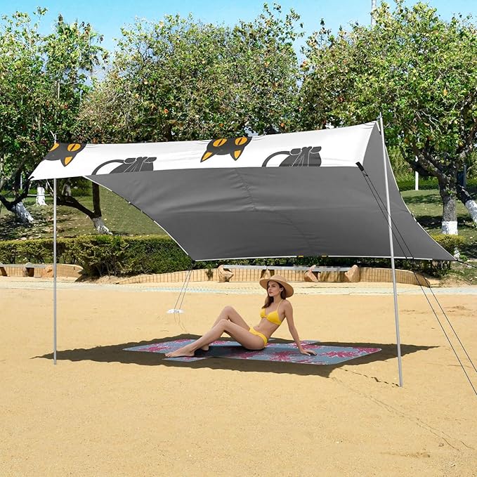 ALAZA Doodle Cat Kitten Beach Tent Sun Shelter UPF50+ Protection Beach Shade Canopy w/ 4 Sandbags for Outdoor Camping Fishing Backyard Fun Picnic 10x9 ft