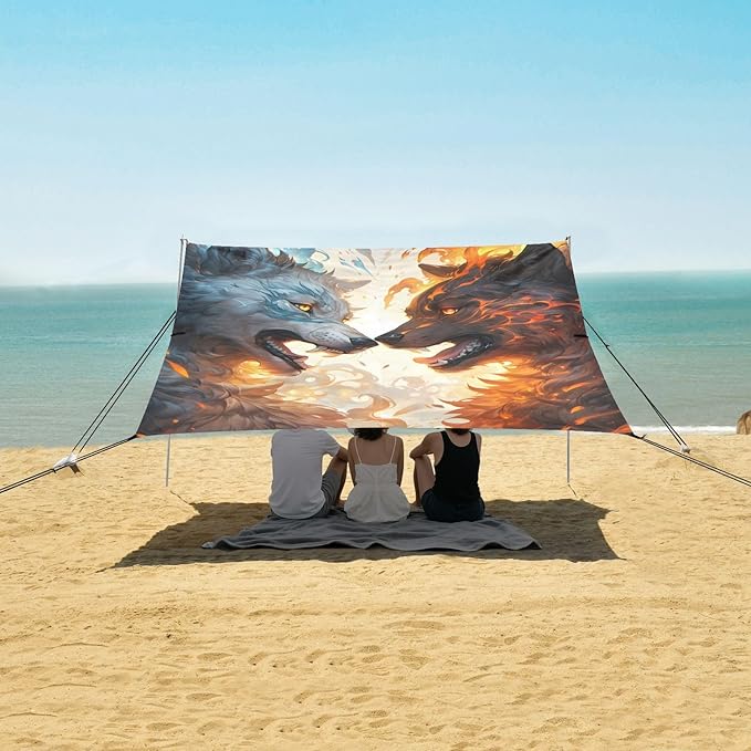 ALAZA Roarring Wolf Fire &amp Ice Beach Tent Sun Shelter UPF50+ Protection Beach Shade Canopy w/ 4 Sandbags for Outdoor Camping Fishing Backyard Fun Picnic 10x9 ft