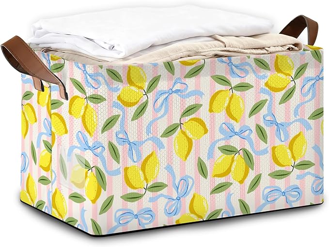 32L Large Storage Bins with Handles Watercolor Fruit Basket Organizer for Shelves Closet Books Laundry &amp Home Decor (Lemons)