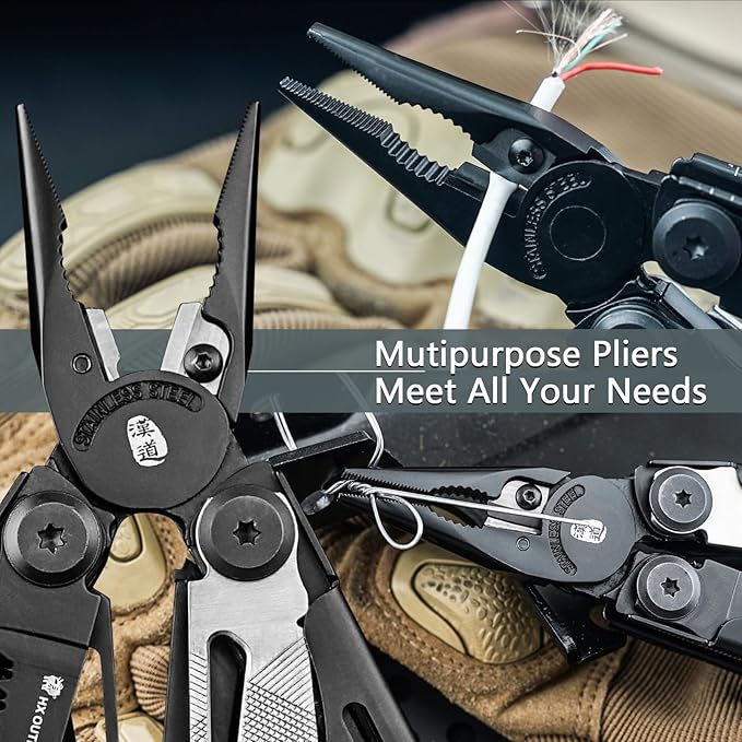 HX OUTDOORS 19 In 1 Pocket Multi Tool Stainless Steel Multitools Pliers with Fire Starter and Glass Breaker Folding EDC Camping Survival Tools for Men (Black)