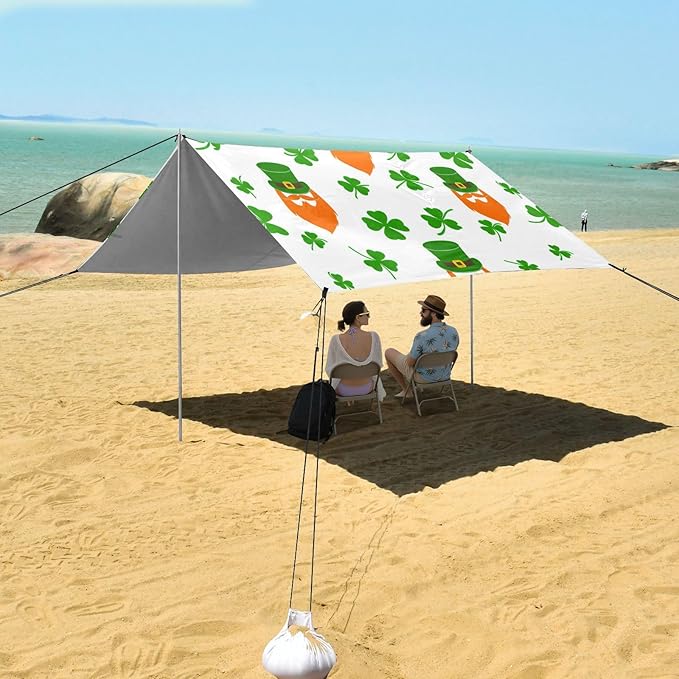 Beach Canopy with Windproof Ropes &amp Sandbags Beach Tent Sun Shade Sun Shelter for Camping Trips Fishing Backyard Fun or Picnics St. Patrick's Day