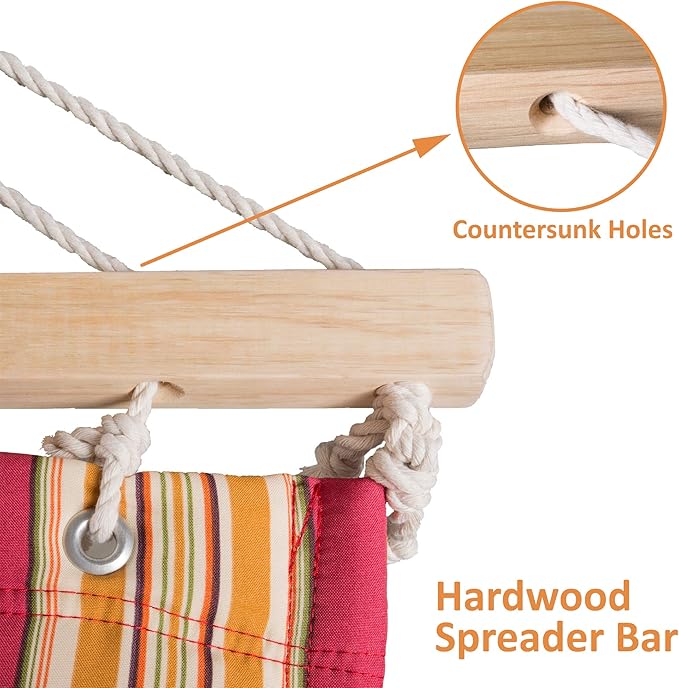 SUNCREAT Outdoor Hammock with Stand Two Person Quilted Fabric Hammock Swing with 12ft Steel Stand Red Stripes