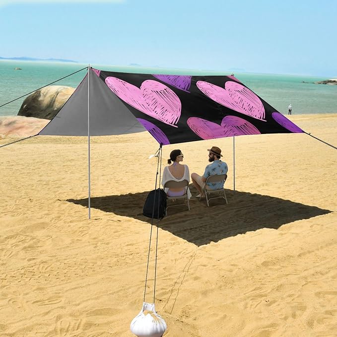 Beach Canopy with Windproof Ropes &amp Sandbags Beach Tent Sun Shade Sun Shelter for Camping Trips Fishing Backyard Fun or Picnics Heart