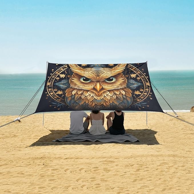 ALAZA Gold Owl Print Boho Beach Tent Sun Shelter UPF50+ Protection Beach Shade Canopy w/ 4 Sandbags for Outdoor Camping Fishing Backyard Fun Picnic 10x9 ft