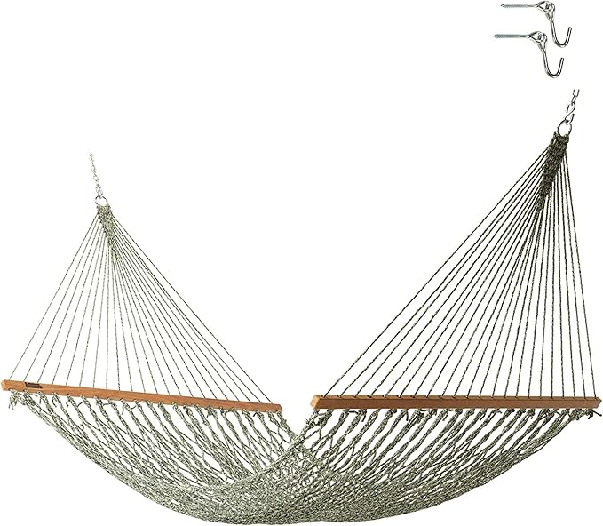 Hatteras Hammocks Small Green Oatmeal Heirloom Tweed DuraCord Rope Hammock – 11 ft. x 45 in. 450 lb Capacity Cumaru Spreader Bar Zinc-Plated Hardware Handcrafted in The USA