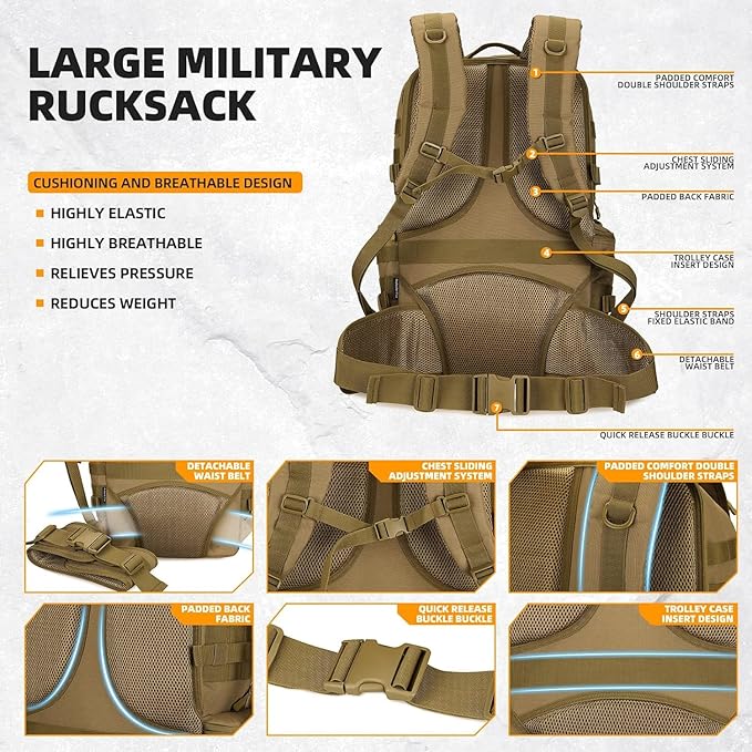 50L Military Tactical Backpack 3 Day Assault Pack Molle Daypack Hiking Backpack for Men and Women