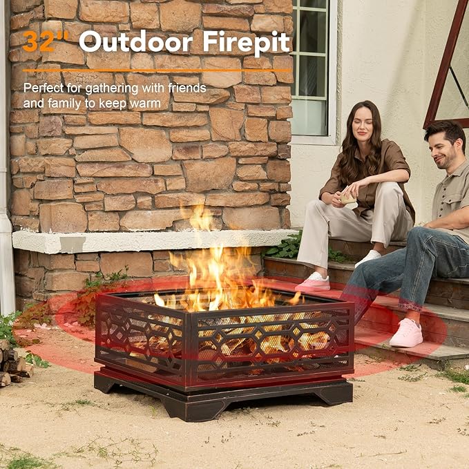 Florise Outdoor Fire Pit 32 Inch Wood Burning Firepit for Outside with Mesh Cover &amp Fire Poker Large Square Metal Fireplace for Patio Backyard Garden Bonfire Party
