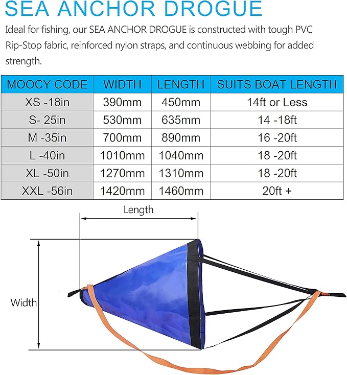 MOOCY Drift Sock for Fishing Boat Sea Anchor Drift Control Bag for Kayak Canoe Pontoon &amp Trolling Boats - Water Brake Parachute with Harness Buoy Ball Rope Float Dump Line (56'' for 20ft+ Boat