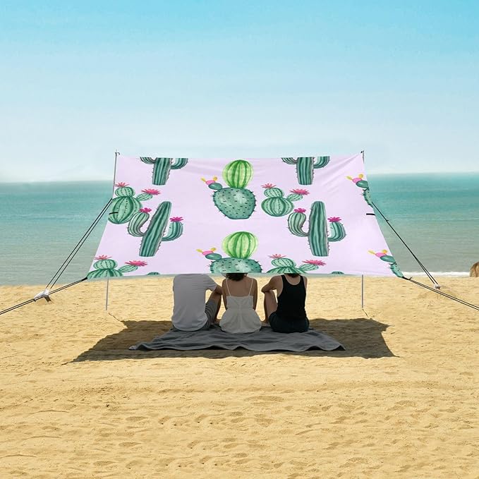 Beach Canopy with Windproof Ropes &amp Sandbags Beach Tent Sun Shade Sun Shelter for Camping Trips Fishing Backyard Fun or Picnics Cactus