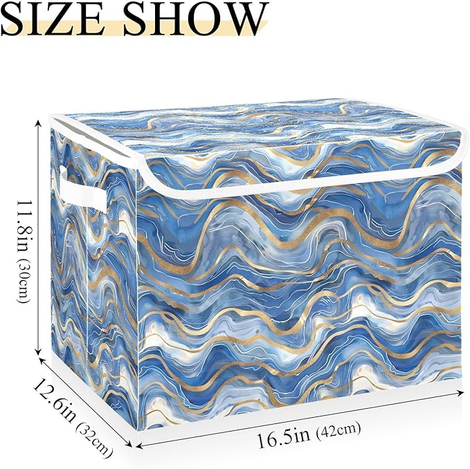 senya Large Storage Bins with Linen Collapsible Foldable Storage Cubes Fabric Closet Organizer Containers Box with Flip-Top Lid Home Bedroom Office 16.7 x 12.6 x 11.8in (Blue Gold)