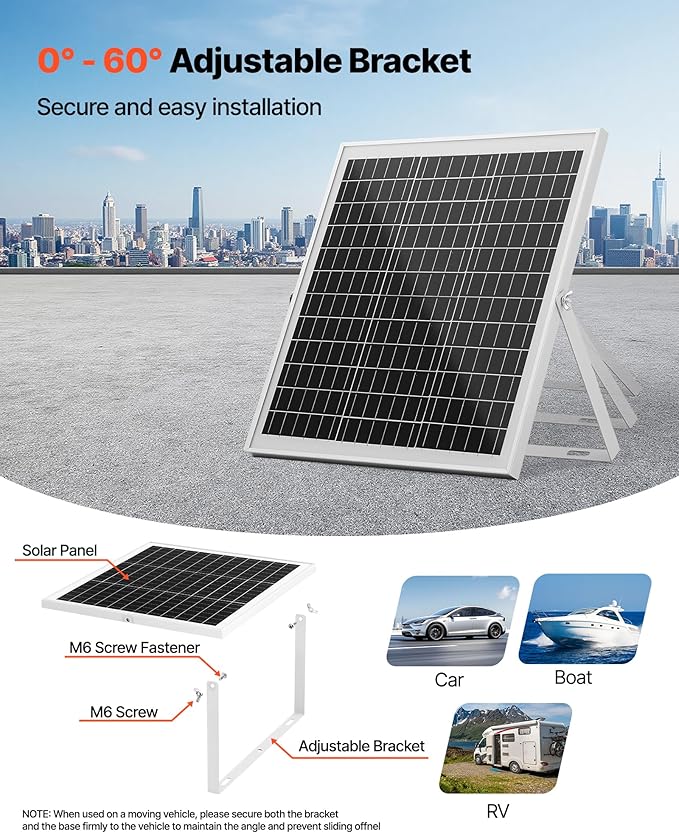VEVOR 20W 12V Solar Panel Battery Charger Solar Battery Trickle Charger Maintainer with Intelligent MPPT Controller &amp Adjustable Mount Bracket IP67 Waterproof for Car Boat RV Motorcycle Trailer