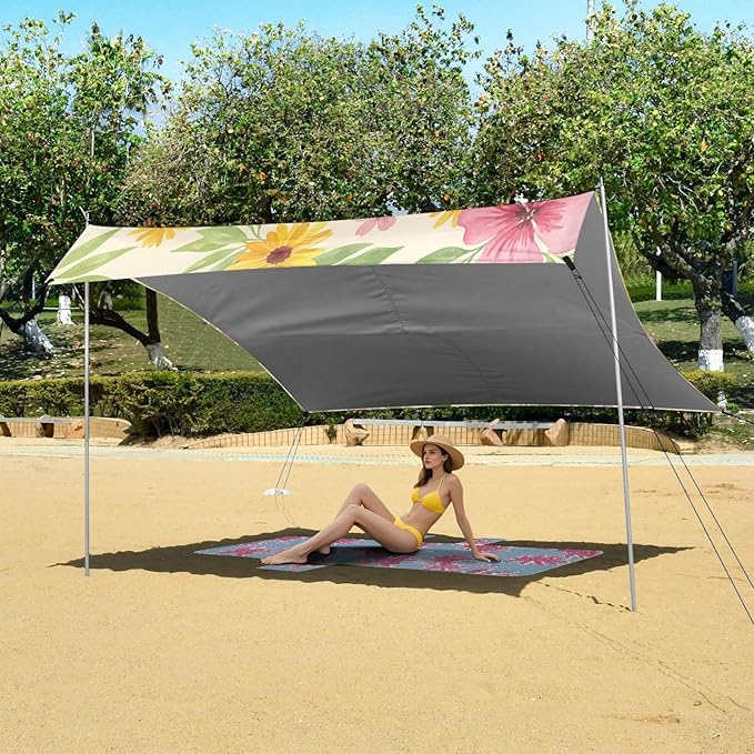 xigua Wildflowers Beach Tent Sun Shelter with Carrying Bag - Silver Coated Oxford Fabric Beach Canopy for Beach Camping Fishing - Includes Windproof Ropes Sandbags &amp Stakes