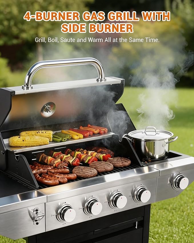 EUHOME 46500 BTU 4-Burner Propane Gas Grill with Side Burner – Stainless Steel Outdoor BBQ with Enameled Cast Iron Grates &amp Foldable Side Tables for Patio Backyard and Outdoor Cooking