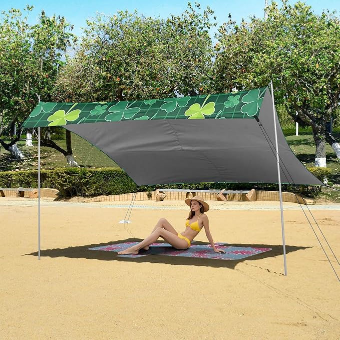 Beach Canopy with Windproof Ropes &amp Sandbags Beach Tent Sun Shade Sun Shelter for Camping Trips Fishing Backyard Fun or Picnics St. Patrick's Day Clover