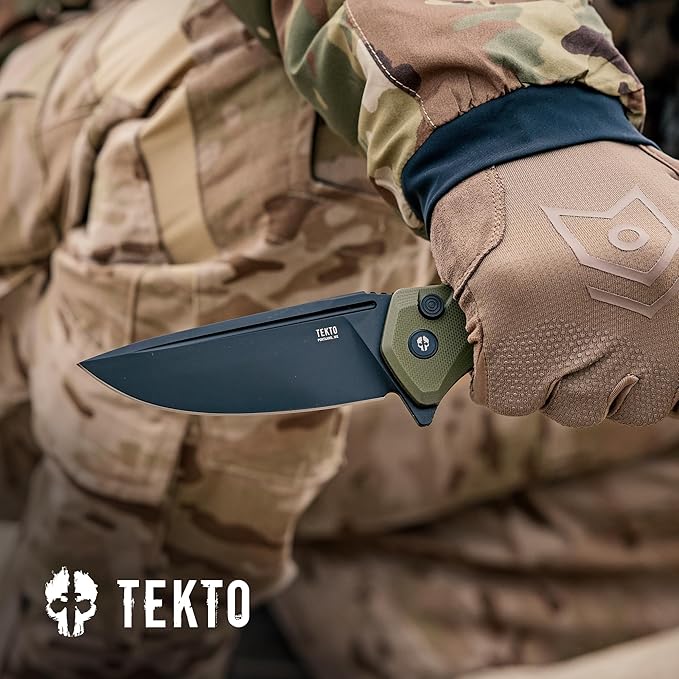 TEKTO F3 Charlie Button Lock Folding Knife Oversized Fine Edge Blade - Easy Open Pocket Knife with Titanium Coated D2 Steel &amp Black Titanium Barrel Spacers