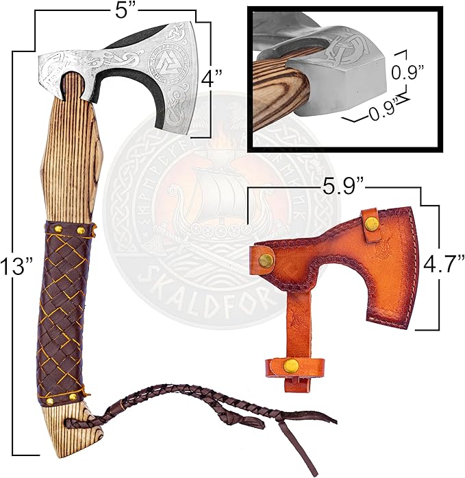 Hand Forged Carbon Steel Viking Style Bearded Axe with Leather Sheath - Real Hatchet Throwing &amp Camping Axe with Leather Wrap Best Gift for Wedding Anniversary Valentines Day Birthday Gift for
