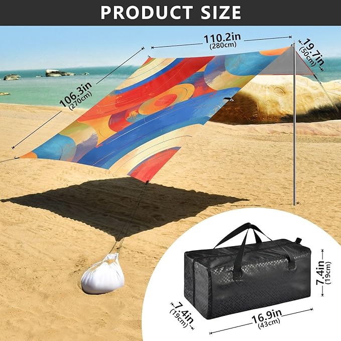 Indianred Tie-dye Background Vibrant Colors and Swirling Patterns Tie-dye Pattern Beach Tent UPF50 Lightweight Large Sun Shelter with Sandbags Sand Shovel Poles for Camping Picnics