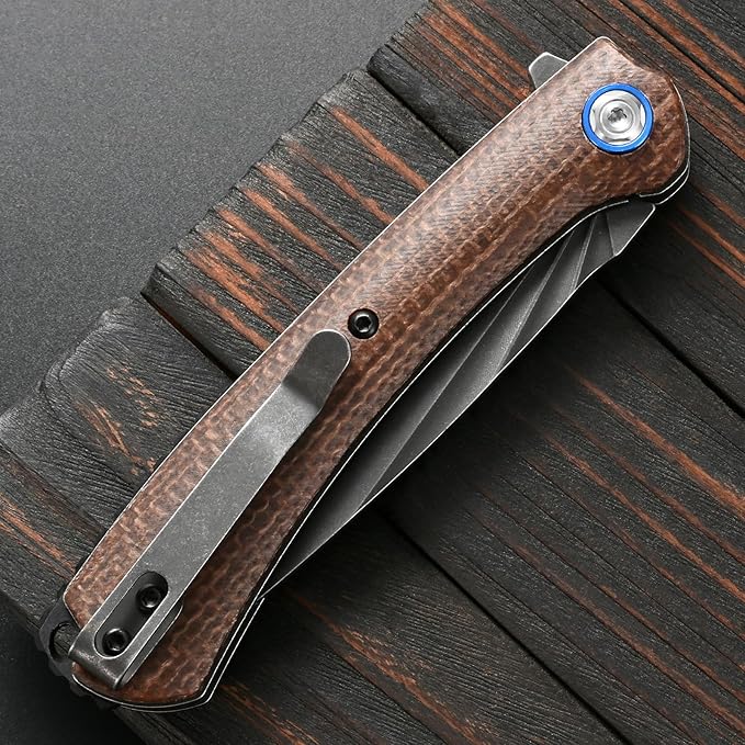 Sitivien ST144 Folding KnifeBlack Stonewashed 14C28N Steel BladeMicarta Handle Pocket Knife for Outdoor EDC CampingSurvivalHikingFishing(Brown)