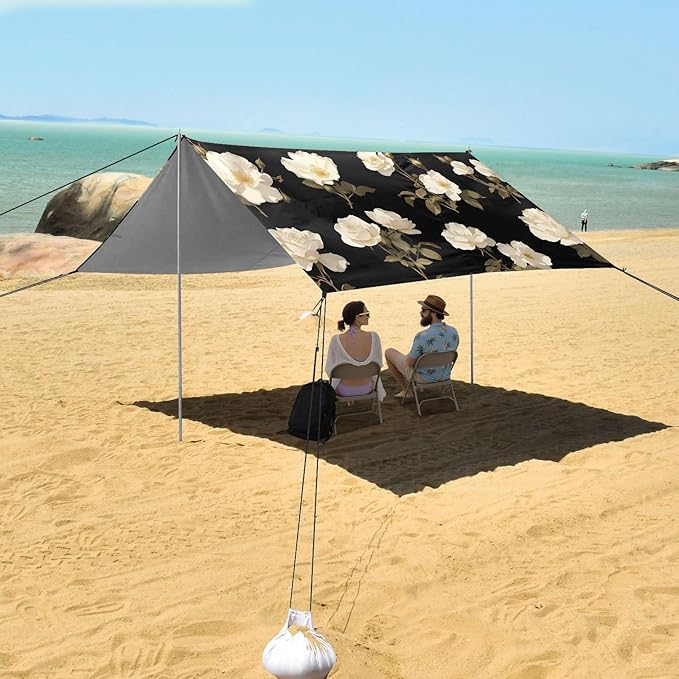 White Rose Beach Tent UPF50+ Protection Lightweight Large Portable Sun Shelter with Sturdy Poles Sandbags and Shovel for Camping Picnics Backyard