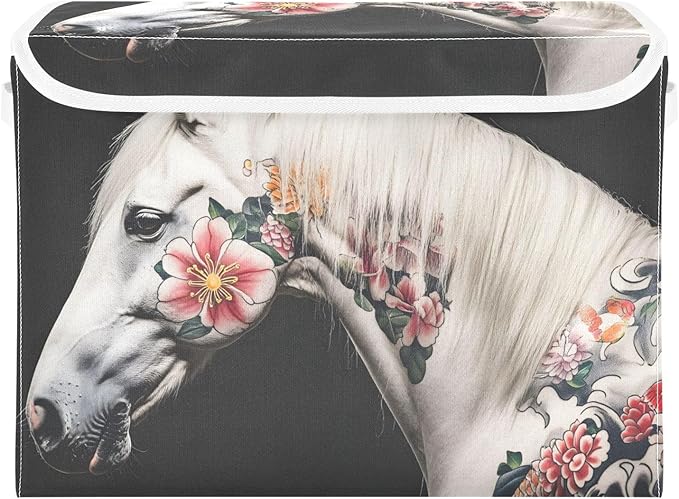 AIXIWAWA Lidded Storage Cube (Horse with Painting) Fabric Foldable Closet Bins with Flip Lid and Handles Organizer Basket Container 16.5 x 12.6 x 11.8 IN