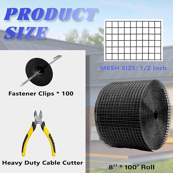 PROLEE 8 Inch X 100FT Solar Panel Bird/Critter Guard Anti-Rust with 100 Fastener Clips Rooftop Solar Panel Bird Wire Screen Removable Without Damage