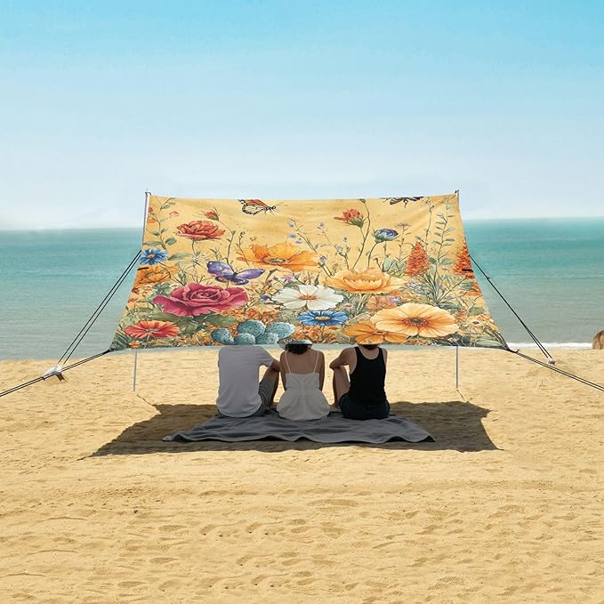 Autumn Flowers Rose Cactus Butterflies Bees Beach Tent UPF50+ Lightweight Sun Shelter with Carrying Bag for Family Trips Picnics &amp Camping