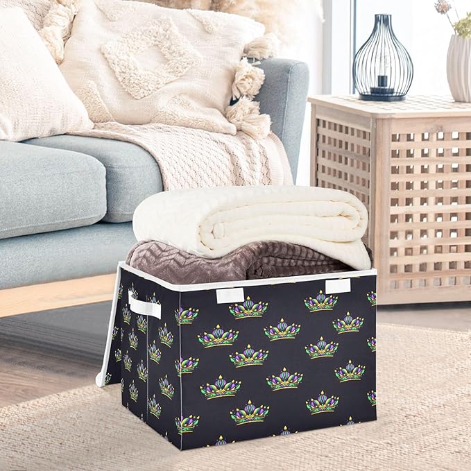 MNSRUU Containers Baskets with Lids Mardi Gras Crown Pattern Fabric Foldable Storage Bins Organizer with Lid Collapsible Storage Boxes for Home Bedroom Closet Office