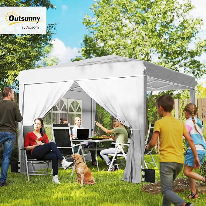Outsunny 10 x 10 ft Pop Up Canopy Tent with Sidewalls UPF50+ Outdoor Portable Instant Canopy Shelter with Carry Bag Sandbags Adjustable Height for Parties Events Camping White