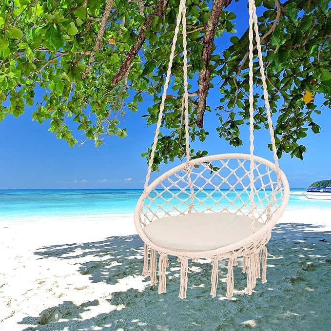 Giantex Hammock Chair Macrame Swing - Hanging Chair with Cushion and Hardware Kit 330 LBS Weight Capacity Indoor Swing for Hammock Stand Patio Balcony Living Room Hammock Swing (Beige)