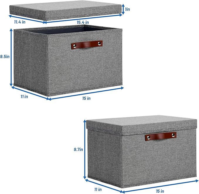 Temary Storage Bins with Lids 2-Pack Large Foldable Storage Baskets with Lid Fabric Storage Bin for Organizing Home (Grey 15x11x9.5inch)