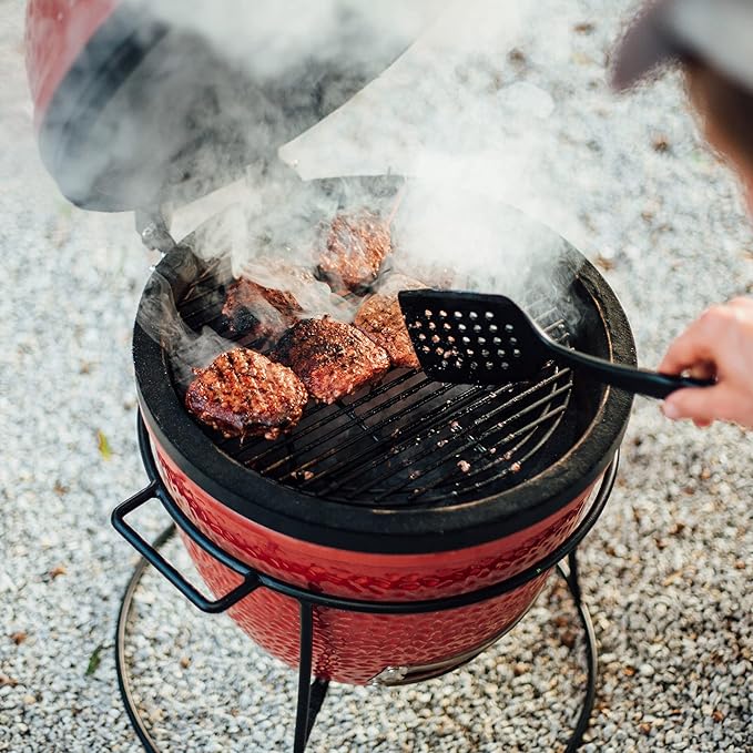 Kamado Joe Joe Jr 13.5-inch Portable Ceramic Charcoal Grill with Grill Stand Stainless Steel Cooking Grate Heat Deflectors and Ash Tool in Red Model KJ13RH
