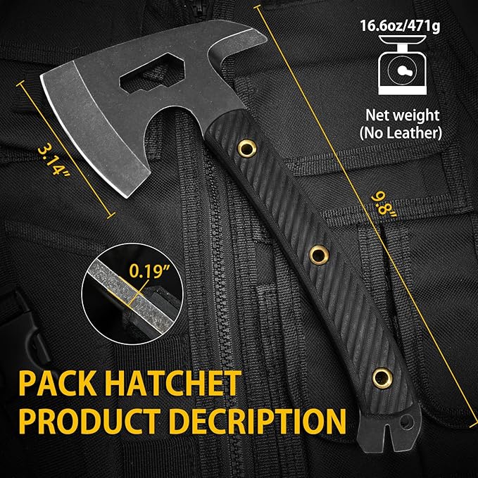 NedFoss Bison 9.8 Tactical Hatchet Axe Tomahawk Hatchet with Genuine Leather Sheath and G10 Handle Compact Camping Gear Bearded Axe Gifts for Men Multifunctional Survival Axe with Spike Tool