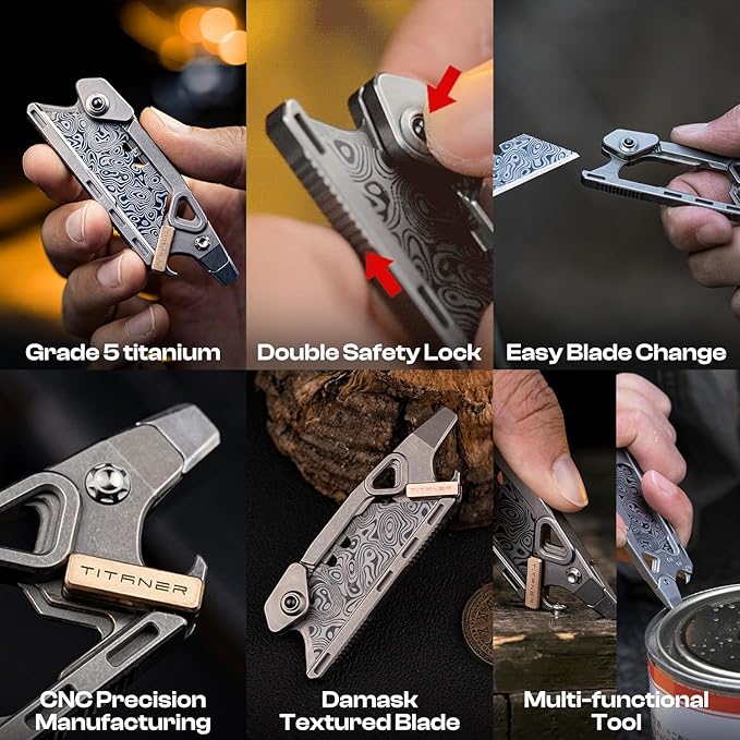 Titanium Safety Portable Multi-Knife- 30g 6-in-1 EDC Keychain Tool with Child Safety Lock Replaceable Blade Tritium Tube Slot for Everyday Carry Outdoor Adventures &amp Home Use