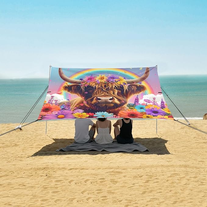 ALAZA Cow Bull Rainbow Daisy Beach Tent Sun Shelter UPF50+ Protection Beach Shade Canopy w/ 4 Sandbags for Outdoor Camping Fishing Backyard Fun Picnic 10x9 ft