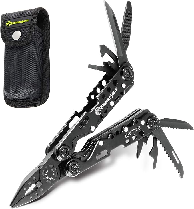 Kilimanjaro 13-in-1 Ballast Black Multi-Tool with Pliers Knife &amp Screwdrivers Anodized Aluminum Handles Secure Set Screws Belt Pouch Heavy-Duty Compact Tool for Camping &amp Work - 910053ECE
