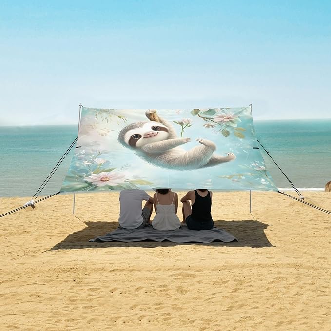 ALAZA Cute Sloth Animal Daisy Beach Tent Sun Shelter UPF50+ Protection Beach Shade Canopy w/ 4 Sandbags for Outdoor Camping Fishing Backyard Fun Picnic 10x9 ft