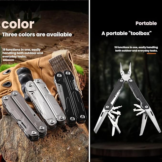Multi Tool 19-in-1 Full-Size Lightweight EDC Multi-Purpose Pliers Camping Knives &amp Tools Nylon Bag Tactical Gear Mens Gifts Ideas Gifts for Hunters Men who have Everything (Gray)