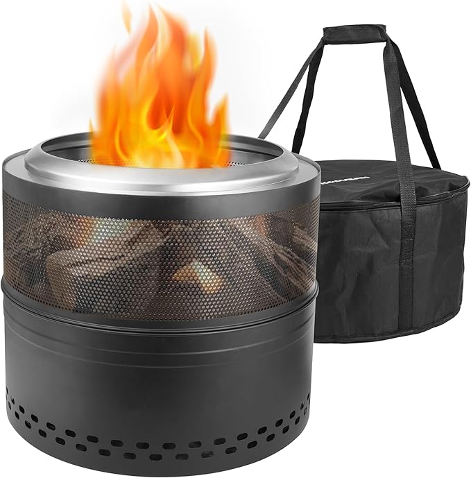 Smokeless Firepit Bonfire 20 Outside Wood Burning Metal Stove Stainless Steel Fire Pit with Carry Bag Portable Camping Propane Patio Backyard Easy Setup &amp Cleaning (Black)