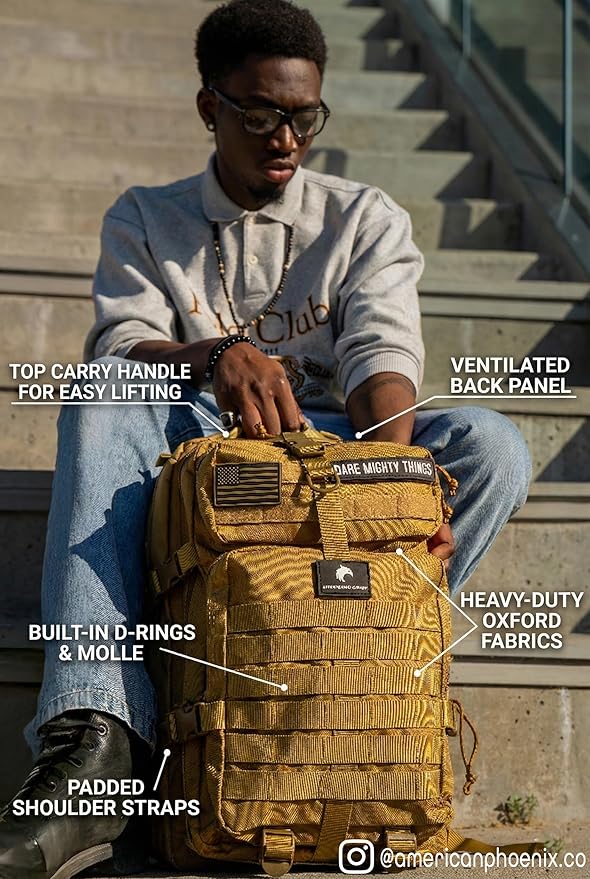 AMERICANPHOENIX 45L Elite Tactical Backpack | 3X Stronger Work &amp Military Backpack | Water Resistant and Heavy Duty | 3 Day MOLLE Bug Out Bag (Dune Brown)