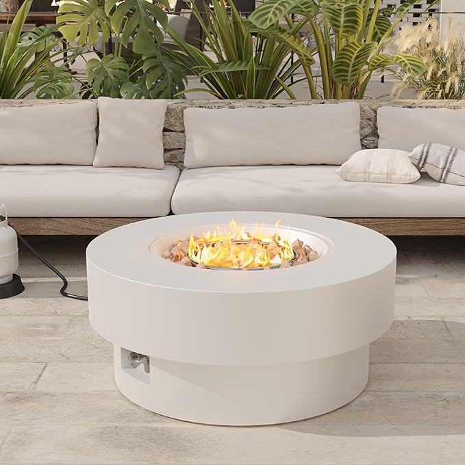 32.5 inch Outdoor Propane Fire Pit Table 50000 BTU Round Patio Fire Pit Table with Lid Waterproof Cover 10ft Gas Hose &amp Gas Tank Base Lava Rocks CSA Certified White