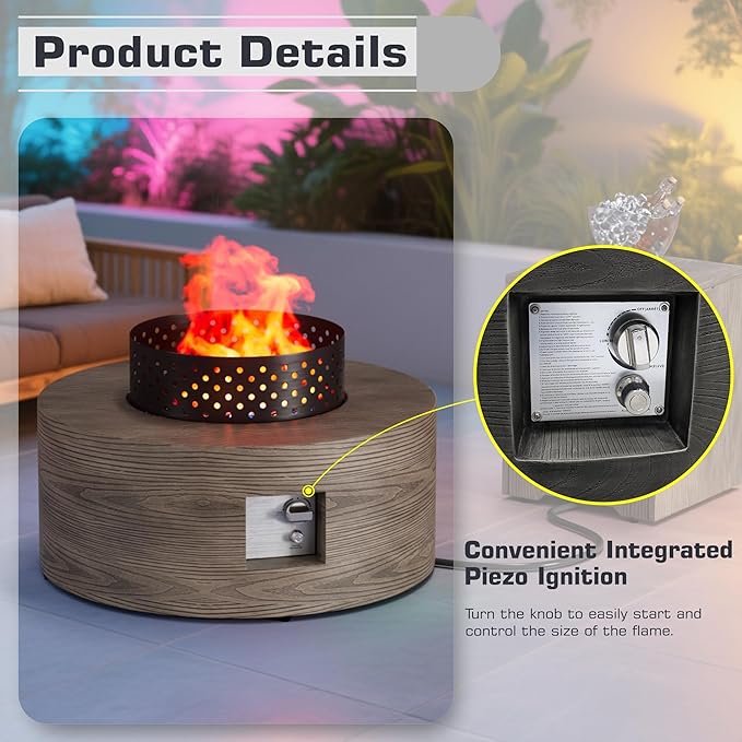 2-Piece 30 Round Propane Fire Pit for Outside Patio with Hidden Tank Table 50000 BTU Fireplaces with Wind Guard Lid Glass Rocks Cover(Wood Grain Walnut)
