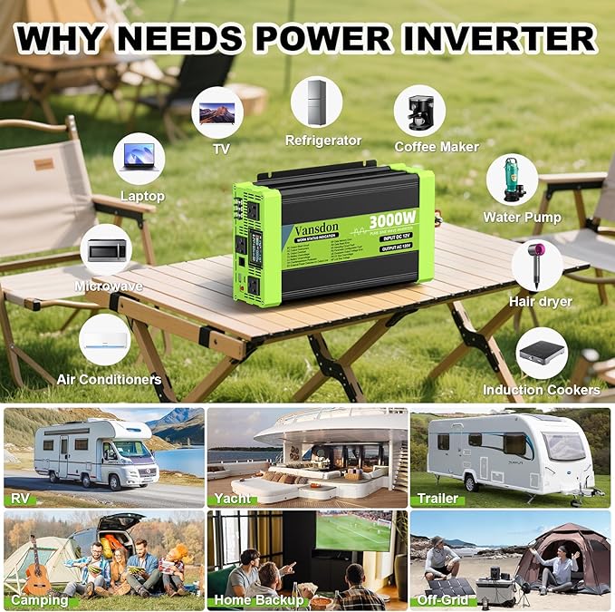 3000W Pure Sine Wave Inverter 12V DC to 120V AC Power Inverters for RVTruck Solar Home Off-Grid Car with LCD Display 3 AC Outlet 30W USB-C 5V 2.1A USBRemote Control Surge 6000W