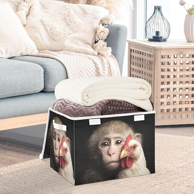Monkey Rooster Print Storage Basket Bins with Lid Foldable Flip-top with Handle for Home Office 16.5×12.6×11.8 in 1 Pack