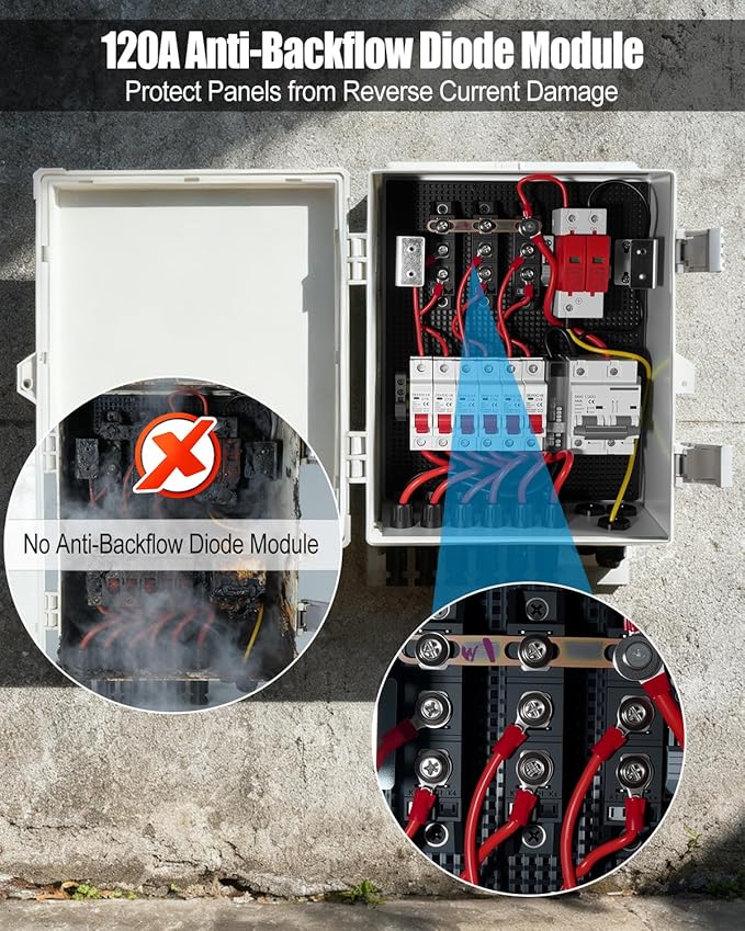 Solar Combiner Box 6 Strings with 100A DC Main Circuit Breaker 6×16A PV Breakers 40KA Surge Protector 120A Anti-Backflow Diodes IP65 Waterproof PV Combiner for On/Off-Grid Solar Systems