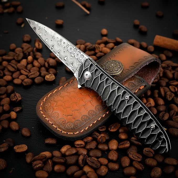 Zingbee Damascus Pocket Knife 2.87 Damascus Blade Folding Knives with Stainless Steel Handle EDC Knife for Camping Hiking Hunting Gift