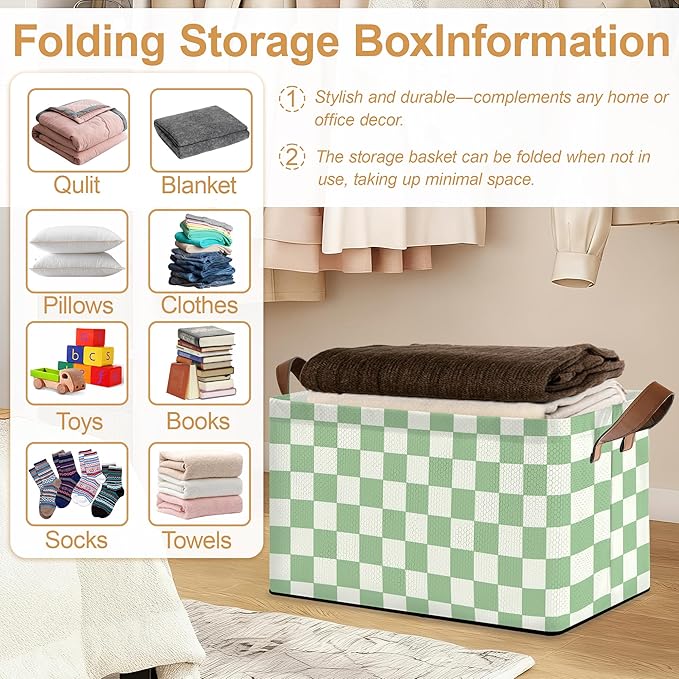 32L Large Storage Bins with Handles Basket Organizer for Shelves Closet Books Laundry &amp Home Decor (Racing Flag Grid)