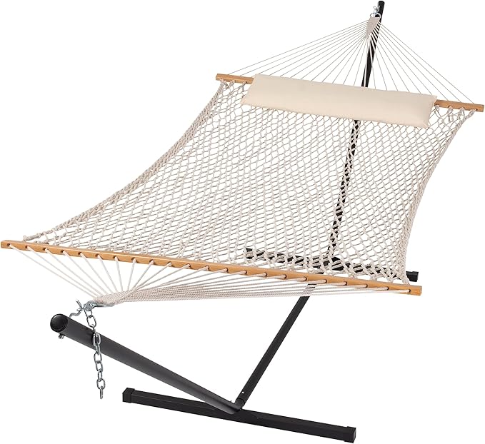SUNCREAT Double Outdoor Hammock with Stand Included Portable Cotton Rope 2 Person Hammock for Outdoor Patio Garden Backyard Beige