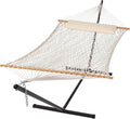 SUNCREAT Double Outdoor Hammock with Stand Included Portable Cotton Rope 2 Person Hammock for Outdoor Patio Garden Backyard Beige