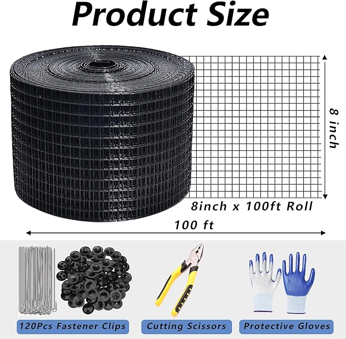8in X 100ft Critter Guard for Solar Panels 1/2inch PVC Coated Solar Panel Guard Critter Guard Roll Kit for Solar Panel Wire Mesh Black Pigeon Barrier with 120pcs Fasteners Cutting Scissor Gloves
